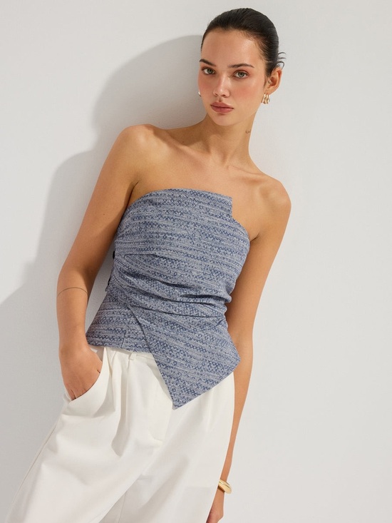 Commense Tops - Commense Geometric Print Strapless Ruched Top